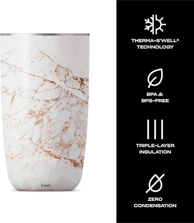 S'well Stainless Steel Wine Chiller, Holds 750ml Bottle, Calacatta Gold, Triple Layered Vacuum Insulated Container Keeps Bottles Chilled for Longer, BPA Free Barware