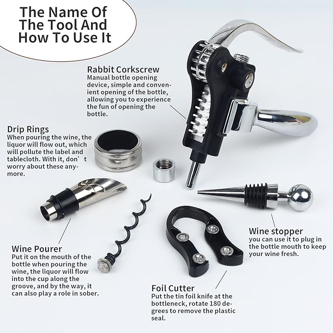 Silver Wine Corkscrew Opener Set - Luxury Wine Bottle Opener Kit for All Wines, Stainless Steel with Black Gift Box (Ideal Wine Gift, Premium Packaging)