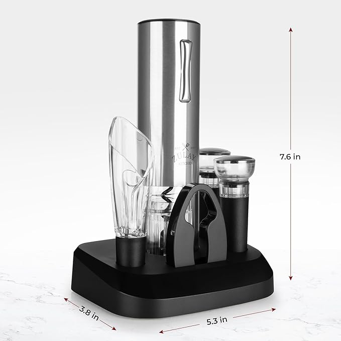 Zulay Kitchen Rechargeable Electric Wine Opener Set with Charging Base - Automatic Corkscrew Wine Bottle Opener, Aerator Pourer, Foil Cutter & 2 Vacuum Stoppers - Stainless Steel Wine Gift Set, Silver