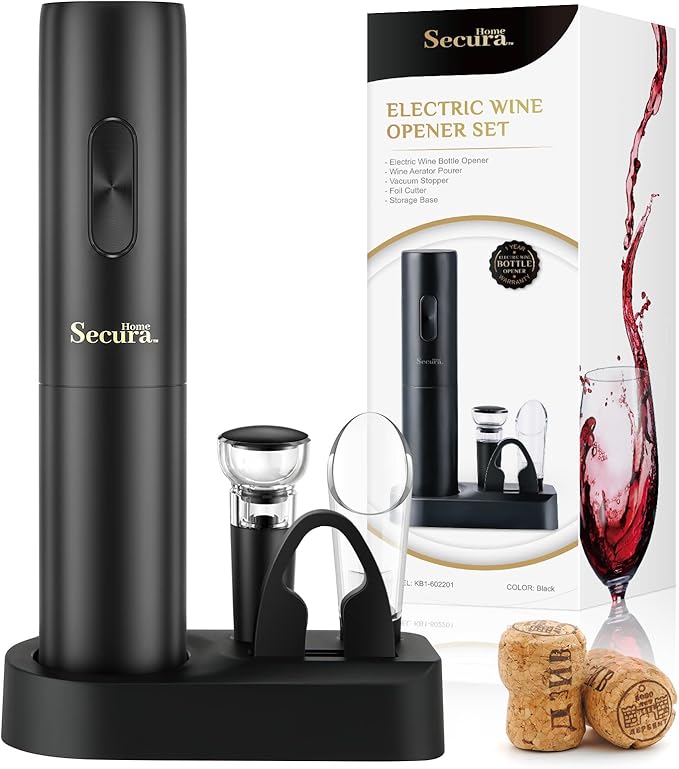 Secura Electric Wine Opener Battery Operated Automatic Wine Bottle Opener Set Reusable Corkscrew with Foil Cutter, Vacuum Stoppers, Aerator Pourer Wine Set Gift for Wine Lovers, Black