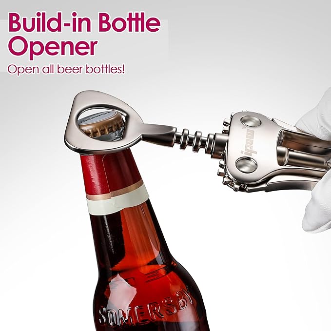 IPOW Wine Opener, Zinc Alloy Wine Bottle Opener, Wing Corkscrew Heavy Duty, Manual Multifunctional Cork Screw for Waiter, Satin Nickel