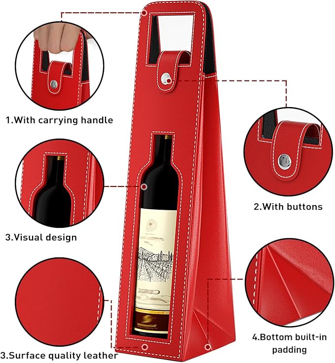 RYDDOY Wine Gift Bag, Reusable Leather Wine Tote Carrier, Single Bottle Champagne Beer Gift Bags Carrier for Birthday, Wedding, Picnic Party, Christmas festival Gifts (Red)