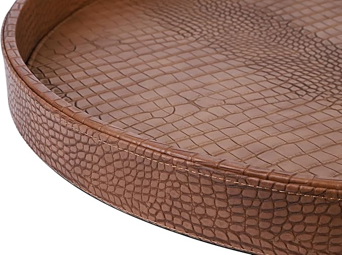 HofferRuffer Large Round Serving Tray 24'', Elegant Faux Leather Circle Ottoman Table Tray, Serve Tea Coffee Breakfast in Bedroom Living Room Kitchen (Antique Brown, 24'')