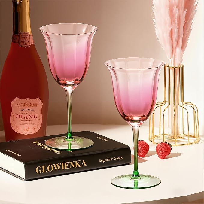 KAMMAK Wine Glasses Set of 2, 9.47 oz Hand Blown Crystal Bordeaux Wine Glasses, Thin Rim & Long Stem, Perfect for Red & White, Daily Use, Wedding or Birthday Gift with Gift Box, Pink-Green Flowers