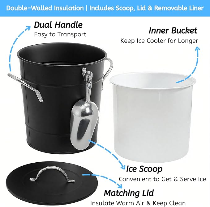 YOUEON 4L Ice Bucket with Scoop and Lid, Double Walled Insulated Wine Bucket Chiller with Carry Handles, Beverage Tub for Cocktail Party, Camping, BBQ, Indoor & Outdoor Use, Black