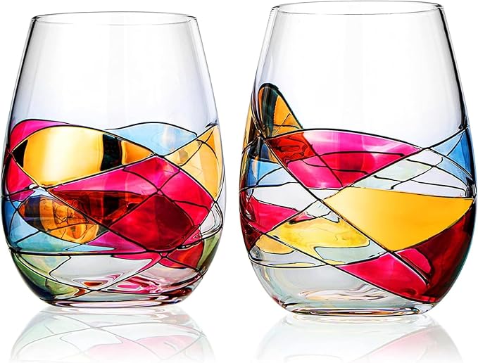 Artisanal Hand Painted Stemless Wine Glasses - Everyday Celebrations, Gift Idea for Wife, Mom, Valentine, Holiday Renaissance Romantic Stain-glassed Windows, 2 Set - Gift Idea Birthday, Housewarming