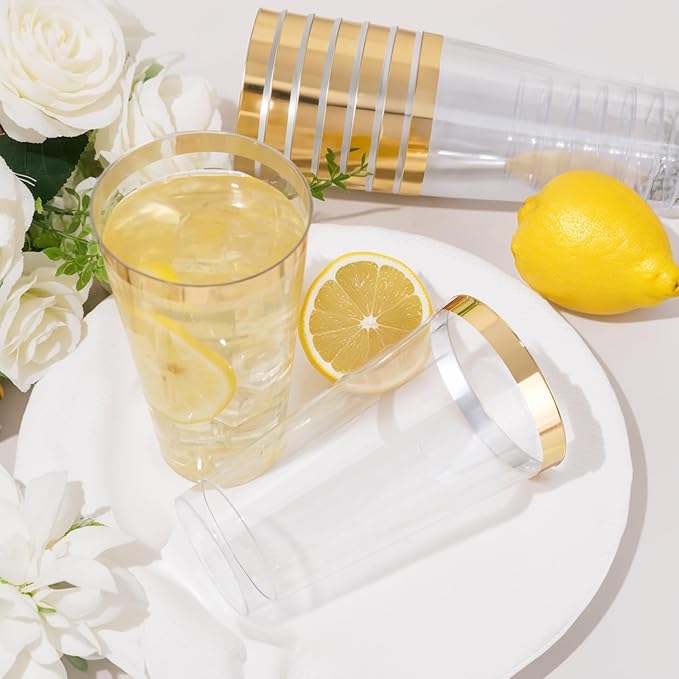 DaYammi 100 Pack Gold Plastic Cups 16 Oz Elegant Clear Plastic Cups Gold Rimmed Disposable Wine Glasses Fancy Disposable Party Cup Wedding Cup Drinking Tumblers Cocktail Glasses with Gold Rim