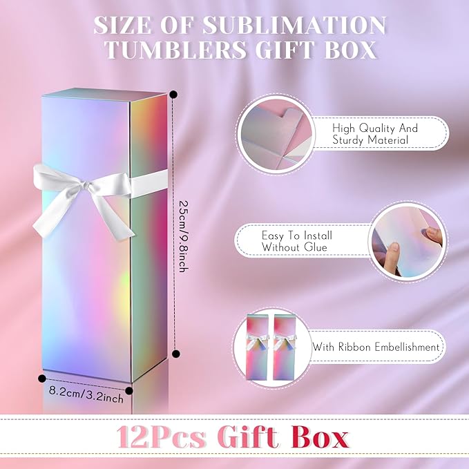 Qilery 12 Sets Gift Boxes with Ribbon for Sublimation Glass Tumbler Gift Boxes for 12oz, 20oz, 30oz Shipping Cup Exhibition Packaging(Rainbow)
