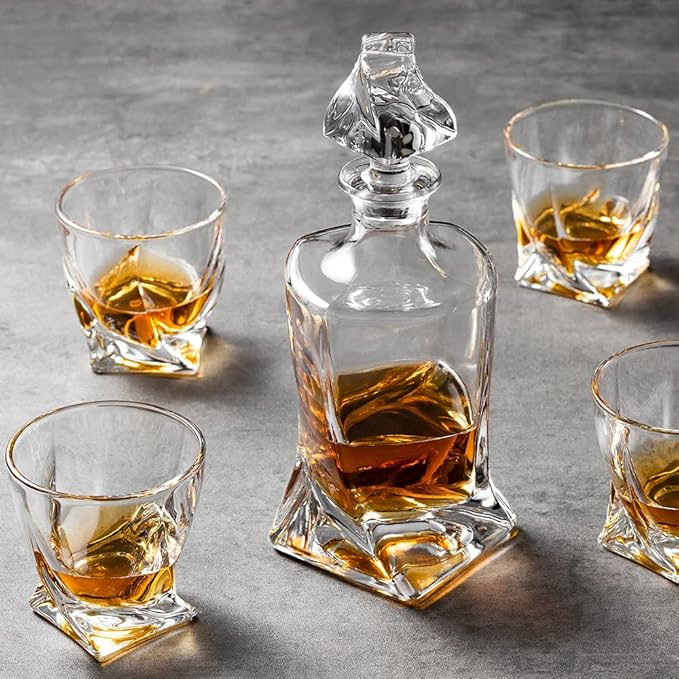 Whiskey Gifts for Men, Whiskey Decanter Set with 4 Glasses in Gift Box by Verolux | Elegant Twisted Design with Glass Stopper - Liquor, Bourbon, Brandy, Gin, Rum, Tequila, Vodka, Cognac