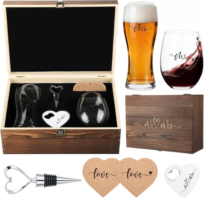 Remerry 7 Pcs Wedding Gifts for Couples 2026 Mr and Mrs Wine Glasses Set with Wooden Keepsake Box Heart Wine Stopper Opener Coasters for Wedding Bridal Shower Engagement Anniversary Bachelorette