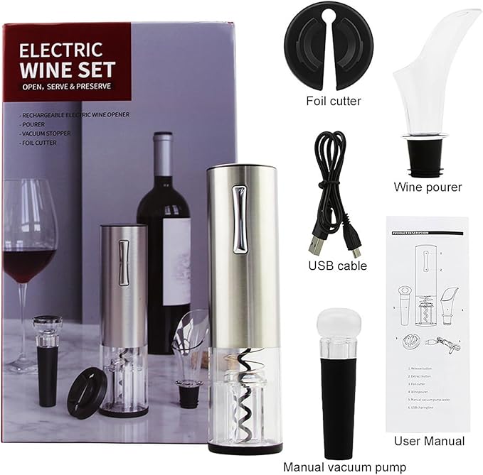 Electric Wine Opener, Rechargeable Operated Automatic Wine Bottle Opener Portable Electric Corkscrew Wine Opener Wine Accessories for Wine Lovers Family Gatherings Holiday Parties(Silver)