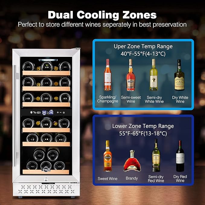 Tylza 15 Inch Wine Fridge, 30 Bottles Dual Zone Wine Cooler Refrigerator, Undercounter or Freestanding, 40-65°F, Wine Cabinet with Tempered Glass Door, Wine Cooler for Home, Kitchen, Bar