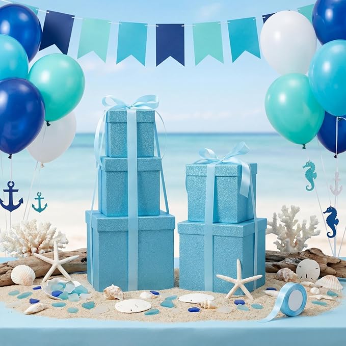 Cholemy 5 Pcs Square Nesting Boxes Decorative Gift Boxes with Lid and Ribbon Assorted Sizes Wrap for Wedding, Carnival, Anniversary, Birthday, Bridal Shower Party Gifts(Light Blue)