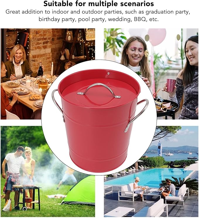 Round Ice Bucket with Ice Shovel, Bar Ice Tub Beer Chiller Bin, Double Wall Galvanized Sheet and Plastic Wine Storage Tub with Handle and Lid for Home Bar Party Use (Red)