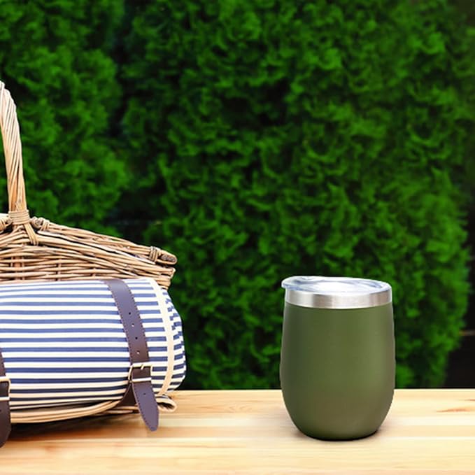 12 oz Insulated Wine Tumbler with Lid and Straw,Stainless Steel Stemless Wine Tumbler Glasses Double Wall Vacuum Wine Cups Tumbler Bulk for Coffee,Champaign,Office(Navy Green,4)