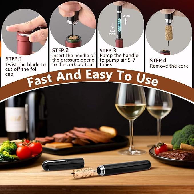 Wine Bottle Opener with Foil Cutter - NUCOKRS Air Pump Aeropop Corkscrew, Pen Style Opens in 3-7 Pumps, Effortless & No Damage to Cork, Compact Gift for Wine Lovers (Black)