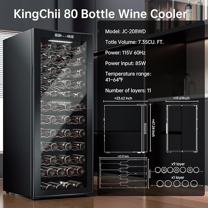 KingChii 80 Bottle Wine Cooler Refrigerator - Dual Zone Wine Fridge with Intelligent Digital Control, Low Noise Operation, Freestanding Wine Refrigerator for Home and Kitchen
