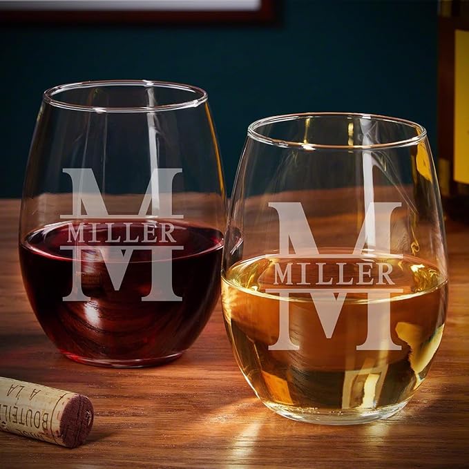 HomeWetBar Engraved Wine Glasses Set of 4 - Personalized Stemless Wine Glasses