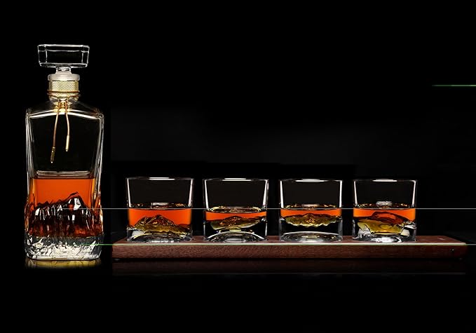 LIITON The American Peaks Whiskey Decanter Set – 34oz Mountain Crystal Glass Decanter with 4 Old Fashioned Glasses – Premium Gift for Men – Bourbon, Scotch, and Liquor Lovers