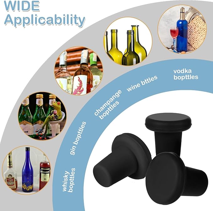 Yookeer 8 Pcs Wine Stoppers Silicone Beer Bottle Sealer Stoppers Glass Bottles Corks Beverage Beer Champagne Wine Storage Keep Fresh Tools for Wedding Party Christmas Supplies(Black)