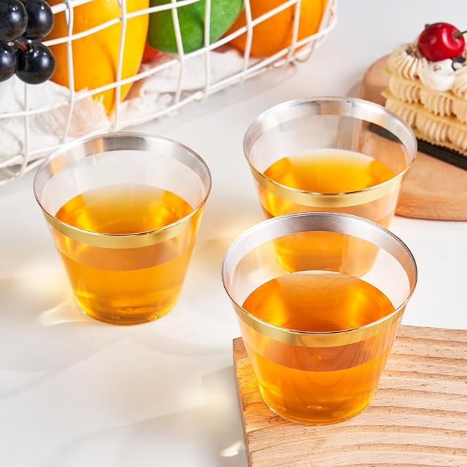 RACETOP 9 oz Clear Disposable Plastic Cups with Gold Rim [200 Pack], Gold Rimmed Plastic Cups Tumblers, Heavy-duty Party Glasses, Disposable Cups