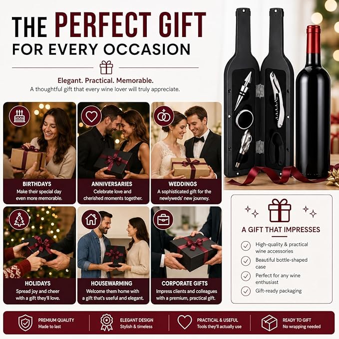 Luxury Wine Accessory & Gift Set - Corkscrew, Stopper, Pourer, and Games! (Wine Opener - Black Matte Bottle Case)
