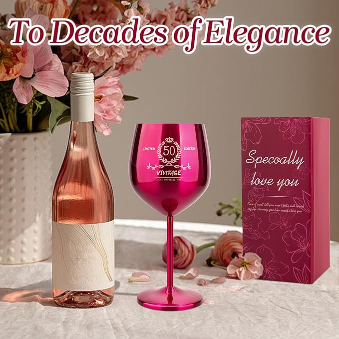 50th Birthday Gifts Wine Glass for Her Women, Stainless Steel Metal Unbreakable Decoration Glasses Rose Red Cup 17oz with Vintage Print-Unique 50 Year Old Present for Mom Wife Sister Friend