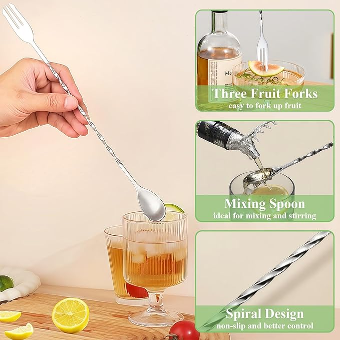 6Pcs Muddler for Cocktail Set - 304 Stainless Steel Muddler Cocktail Spoon Jigger Straw Cleaning Brush, Ice Scoop and Ice Tongs, Bar Accessories Tools for Mojitos, Lemonades, and Fruit Drinks