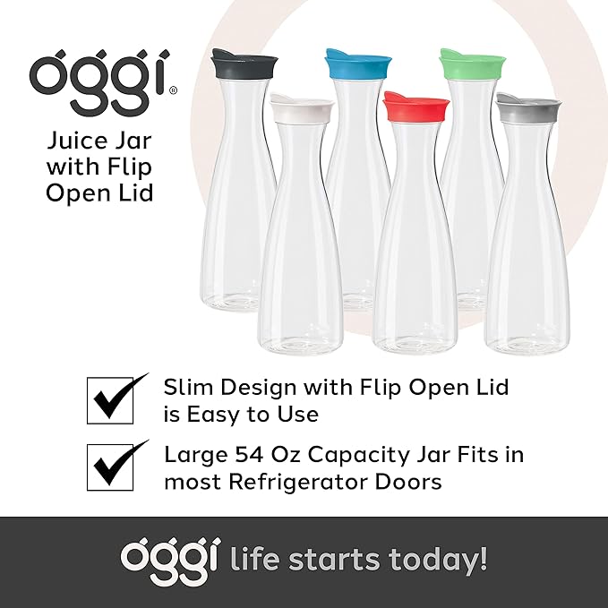 OGGI Clear Carafe w/Flip Open Lid - Ideal Juice Bottle, Clear Pitcher with Lid, Tea Pitcher, Water Carafe, 1.6 Lt(54Oz), White