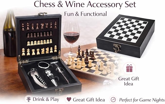 Luxury Wine Accessory & Gift Set - Corkscrew, Stopper, Pourer, and Games! ((Chess/Blackwood))