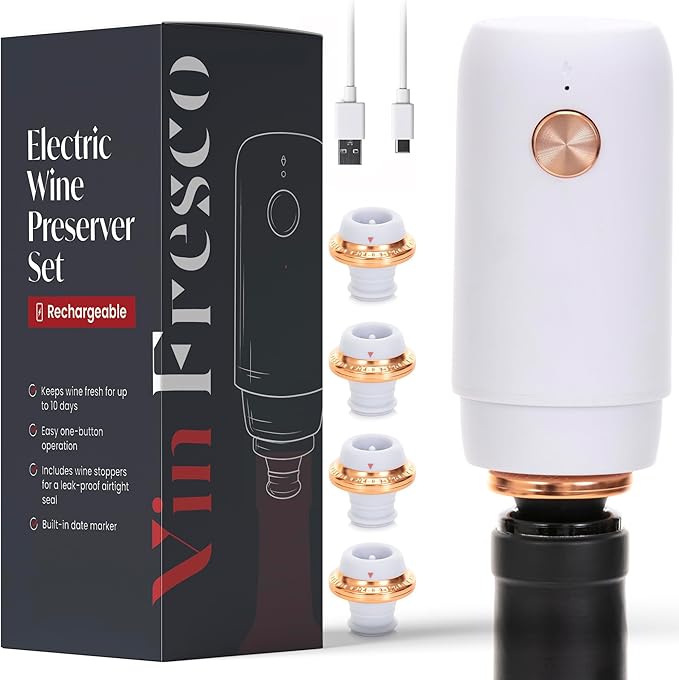 Electric Wine Preserver - Rechargeable Vacuum Saver With Airtight Seal - Automatic Air Remover Pump for 10 Days of Flavor & Freshness - Preservation System (White & Rose Gold)