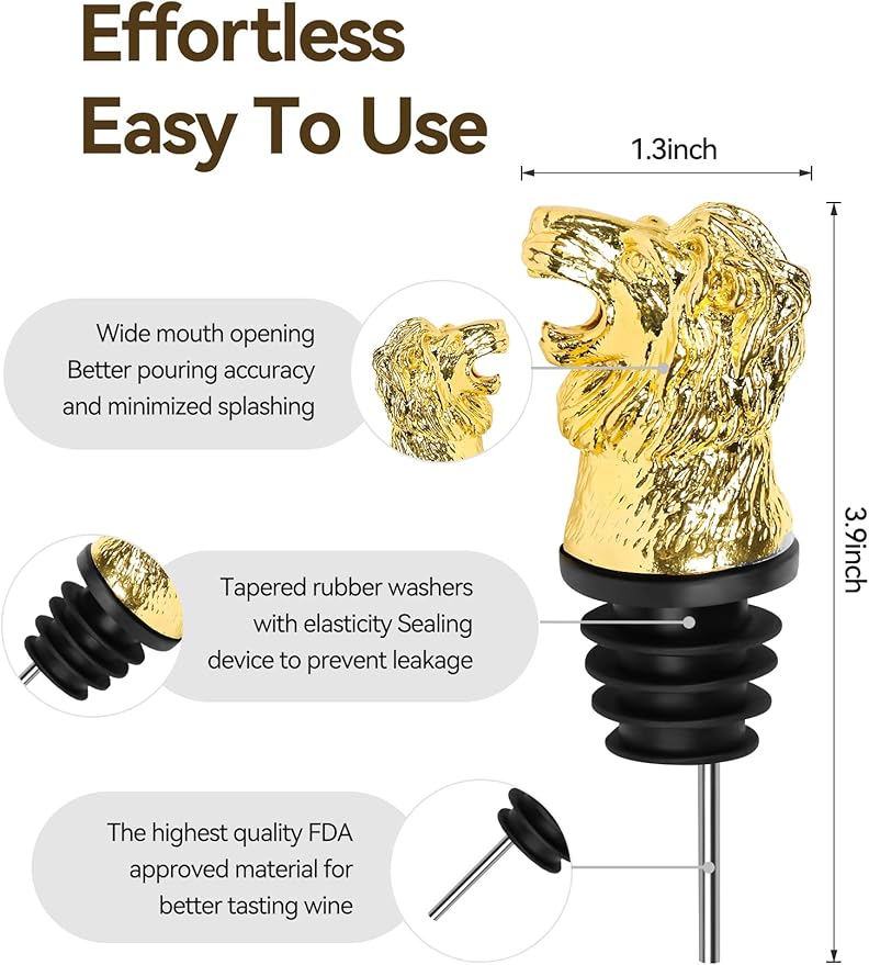Lion Head Wine Aerator Pourer Spout, Olive Oil Liquor Bottle Decanter, Gold Plated Creative Gifts for Alcohol Spirits Whiskey