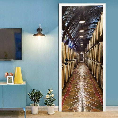 3D Door Stickers - Murals & Decals Wine Cellar Theme Peel Stick, Waterproof, Removable PVC 37.4" x 84.6" for Bedroom Living Room Doors