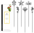 Homestia Ocean Cocktail Picks, 6PCS Stainless Steel Marine Life Martini Picks 4.7 Inch, Sea Turtle Starfish Seahorse Octopus Shell Fish Drink Skewers for Cocktails, Olives, Appetizers