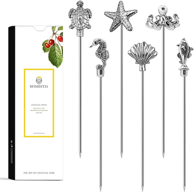 Homestia Ocean Cocktail Picks, 6PCS Stainless Steel Marine Life Martini Picks 4.7 Inch, Sea Turtle Starfish Seahorse Octopus Shell Fish Drink Skewers for Cocktails, Olives, Appetizers