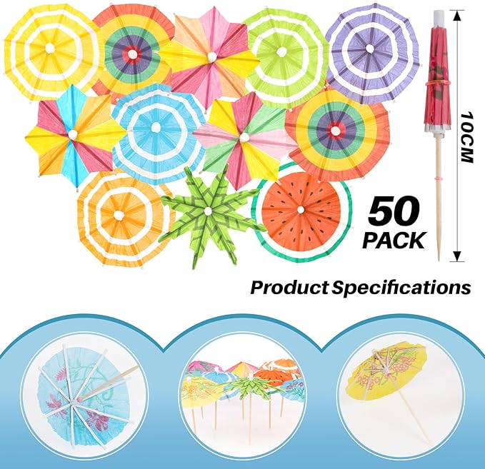 50 PACK Drink Umbrellas - 5 Styles Cocktail Umbrellas for Drinks, Paper Mini Umbrella for Drinks Hawaiian Cupcake Toppers, Colorful Cocktail Picks for Luau Parasols Tiki Party Decorations