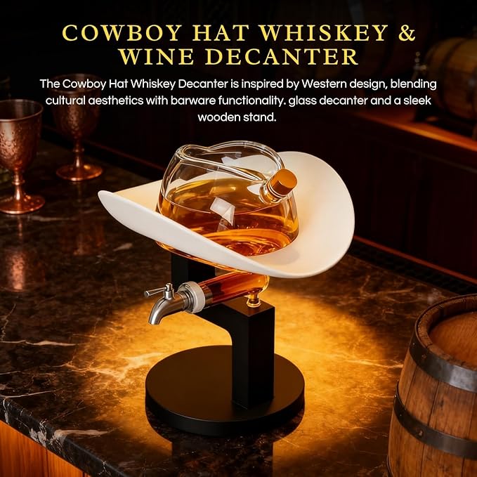 Western Cowboy Hat Decanter – 27oz Clear Glass Whiskey & Liquor Bottle | Premium Bar Display for Home, Lounge, or Man Cave Gifts, Rustic Collector Drinking - Great Gift Him Men, Dad, or Western Fans