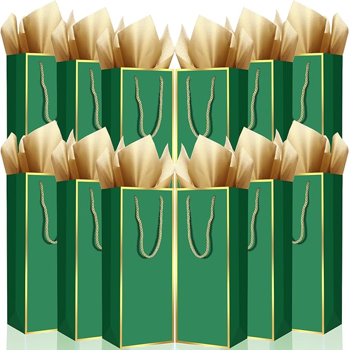 TaoBary 50 Pack Wine Gift Bags and Gold Wrapping Paper Set Wine Bags for Bottle Bulk 4 x 5 x 13 Inch Champagne Gift Paper Sack with Handles for Christmas Appreciation Wedding Anniversary (Green)