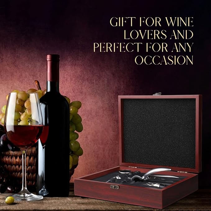 Flexzion Wine Opener Set in Mahogany Wood Case - Wine Bottle Opener Gift Box with Wine Foil Cutter Tool, Stopper, Pourer, Drip Ring, & Lever-Action Corkscrew Wine Opener Manual for Wine Lovers