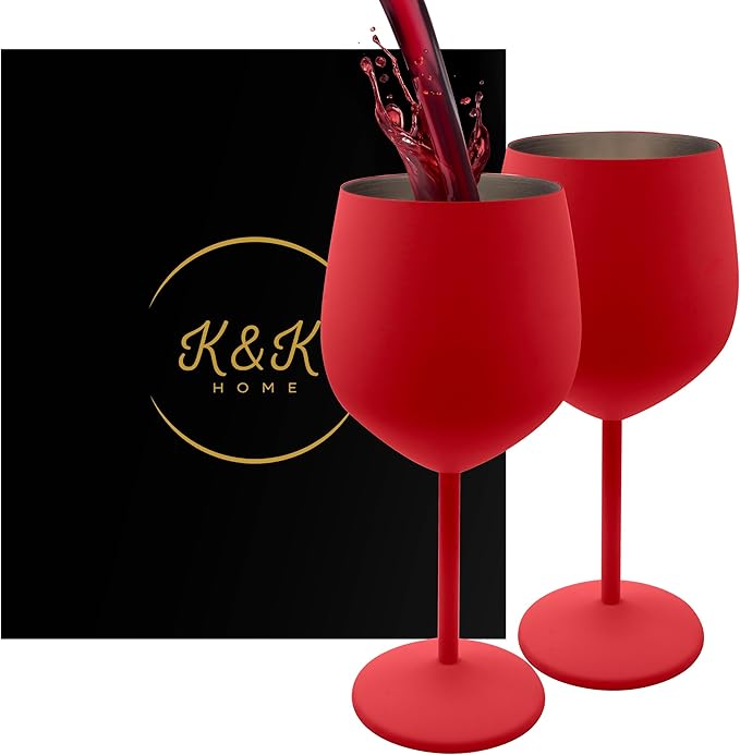 K&K Home Red Stainless Steel Unbreakable Wine Glasses - 18 oz - Set of 2 Colored, Stemmed Metal Wine Glasses Perfect for Outdoors, Weddings, and Parties (Red, Set of 2)