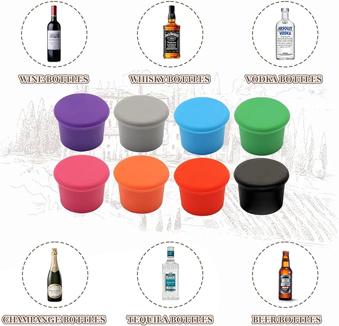 Silicone Wine Stopper, 8 Pcs Reusable Wine Bottle Stopper Caps Bottle Caps Seals to Keep Wine Fresh