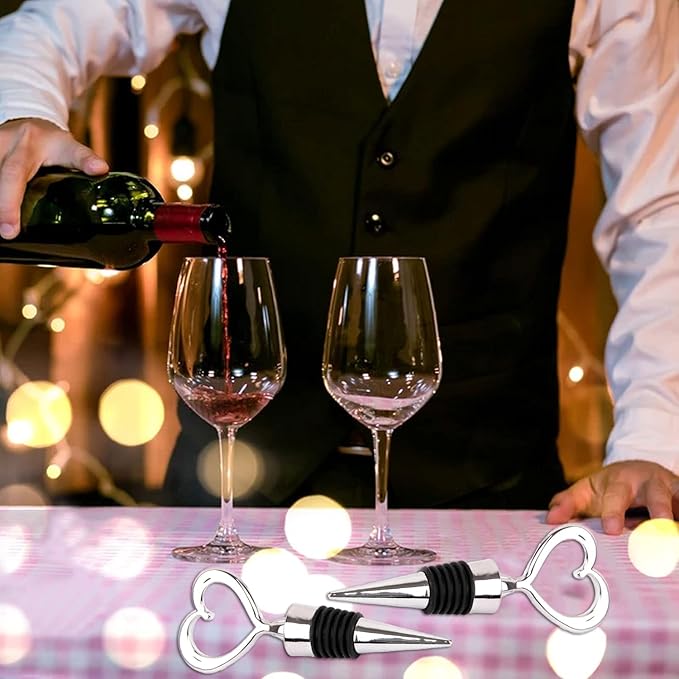 4 Pcs Silver Stainless Steel Love Design Wine Bottle Stoppers, Heart Shape Wine and Beverage Bottle Stoppers for Guests