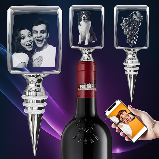 3D Personalized Crystal Wine Stopper, 3D Crystal Picture Engraved, Custom with Your Own Personal Logo, Text and Image, Gift for Father Dad, Anniversary Birthday Wedding Family Gifts (Rectangular)