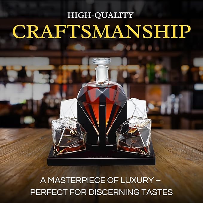 Luxury Diamond Whiskey Decanter Set with 4 Matching Glasses & Mahogany Wood Base - 750ml Hand-Blown Borosilicate Glass Liquor Dispenser for Bourbon & Scotch - Unique Home Bar Gift, Anniversaries Gifts
