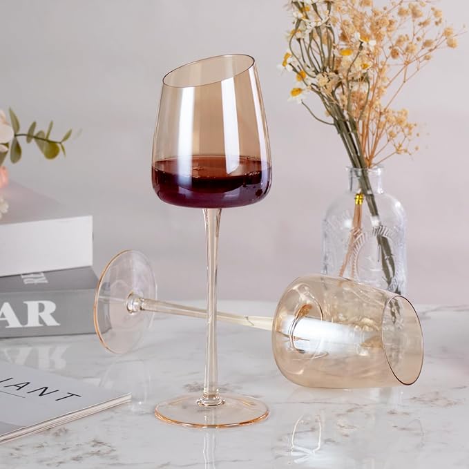 KAMMAK Wine Glasses Set of 2, 9.47 oz Hand Blown Crystal Bordeaux Wine Glasses, Thin Rim & Long Stem, Perfect for Red & White, Daily Use, Wedding or Birthday Gift with Gift Box, XH-H240 Amber