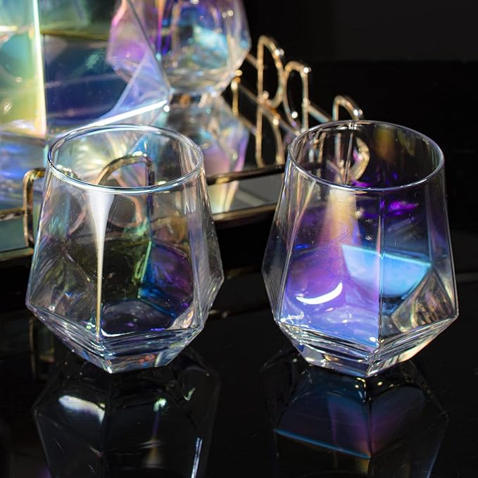 Iridescent Whiskey Decanter Diamond shaped With 4 Diamond Glasses & Mirrored Gold Tray Holder – 750ml Elegant Handcrafted Crafted Glass - Wine, Liquor, Scotch, Bourbon, Vodka, Tequila, Great Gift Idea