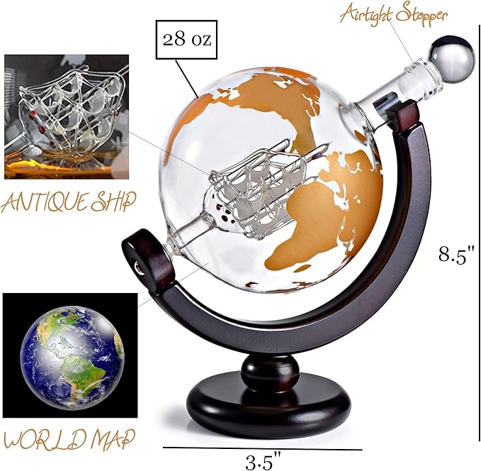 Whiskey Decanter Globe Gift Set - Rich Base Tray - Gold Whiskey Dispenser Airtight Stopper for Wine, Bourbon, Brandy, Juice, Water - Decanter Sets For Men Christmas Gifts for Dad Boyfriend Husband Him