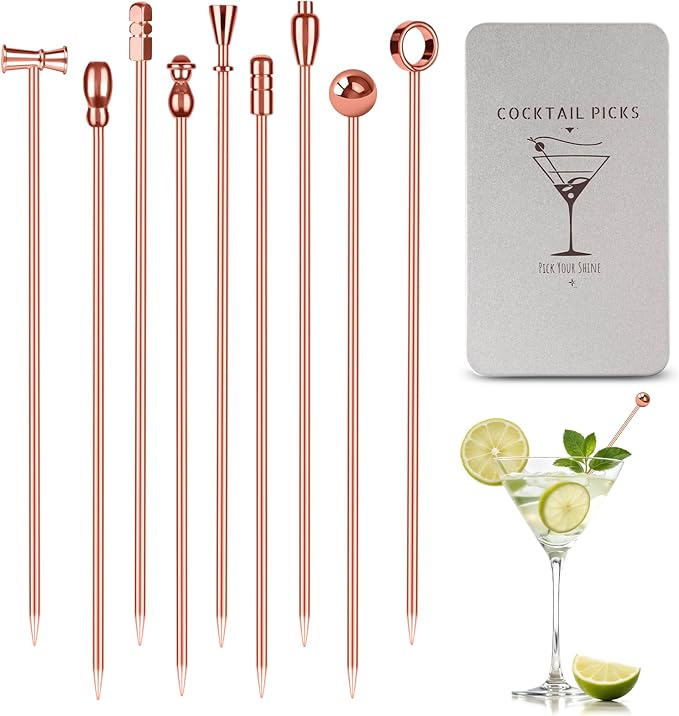 Metal Martini Cocktail Picks 9 Pcs, 4.1 in Olive Skewers Stainless Steel, Drinks Garnish Sticks, Reusable Appetizers Toothpicks, Home Bar Accessories Supplies Valentine Gift for Bartender - Rose Gold