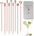 Metal Martini Cocktail Picks 9 Pcs, 4.1 in Olive Skewers Stainless Steel, Drinks Garnish Sticks, Reusable Appetizers Toothpicks, Home Bar Accessories Supplies Valentine Gift for Bartender - Rose Gold