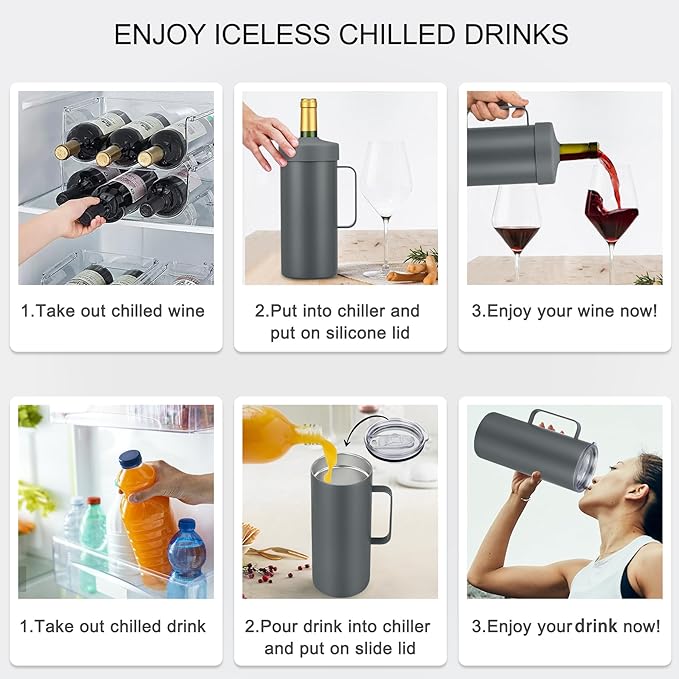 MAXSO 42oz Wine Chiller Iceless Cooler Tumbler - Gift for Wine Lovers, 2-IN-1 Stainless Steel Vacuum Insulated Bucket Portable Mug Cup Wine Accessory Keep Cold, Fit Most 750ml Wine & Champagnes, Grey